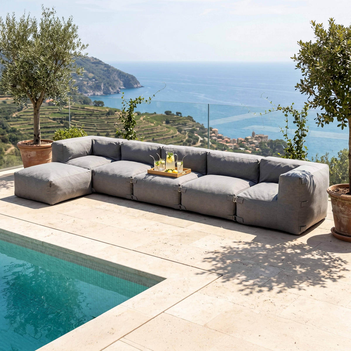 GARTENSOFA mit 6 Sitzplätzen, Grau - Grau, Textil - Oviala