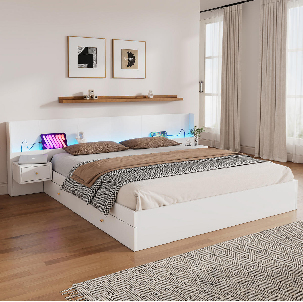 DOPPELBETT 180/200 cm in Weiß mit LED, USB, Steckdose, 2 Nachttischen & Schubladen - Weiß, Holzwerkstoff (180/200cm) - BEAOK