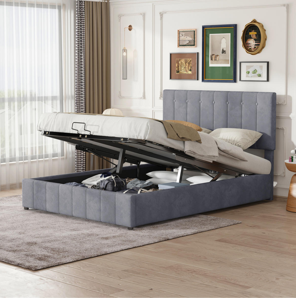 POLSTERBETT aus Samtstoff 140x200 cm Grau mit hydraulischem Bettkasten und 24 Latten - Grau, Textil (140/200cm) - IVMEU