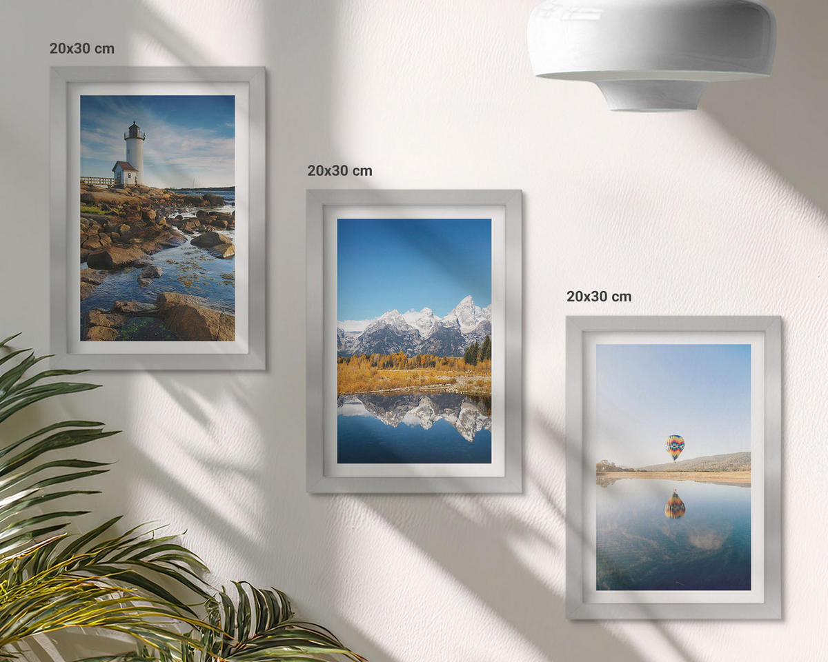 BILDER SET 3er Set - 20x30 cm Silberner Rahmen - Naturansichten, Leuchtturm, Berge, Ballonfahrt - Silberfarben, Kunststoff (20/30cm) - TULUP