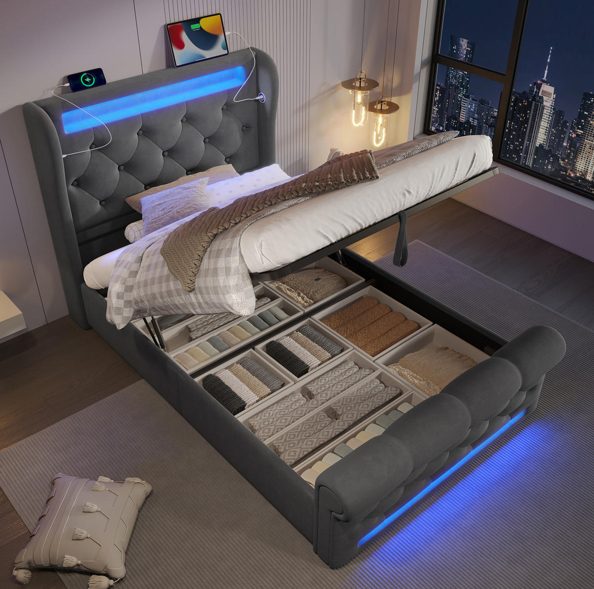 POLSTERBETT 90/200 cm Grau aus Samt mit LED, Stauraum, USB- und Type-C-Anschlüssen - Grau, Textil (90/200cm) - Flora Grace