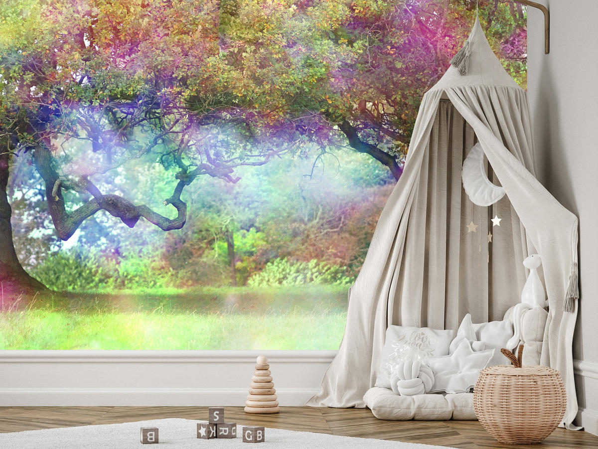 FOTOTAPETE für Kinderzimmer Magischer Bunter Wald Bäume Sträucher Blätter Pflanzen 200x140 - Gelb/Rot, Papier (200/140cm) - Muralo