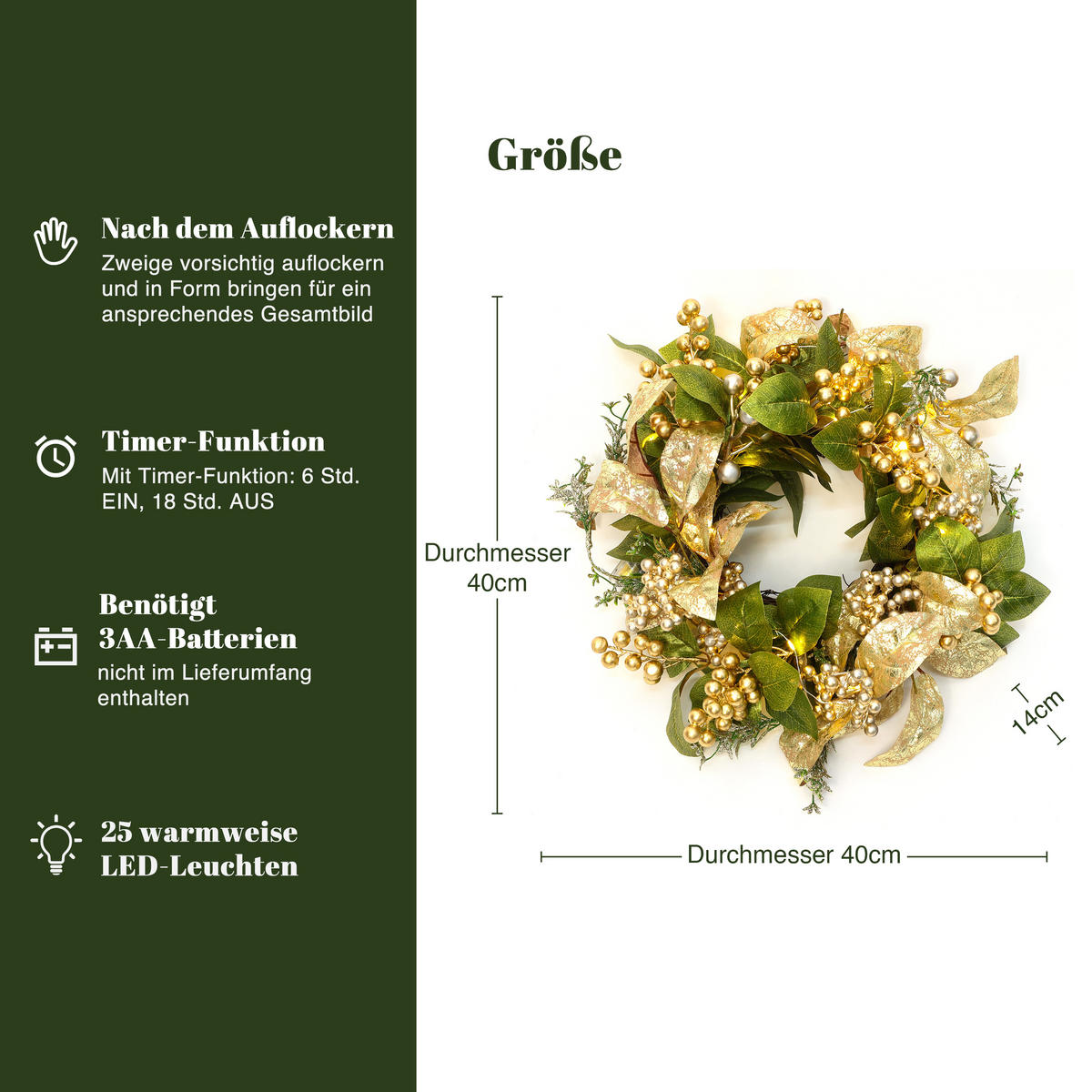 40CM Weihnachtskranz mit LED & Timer, Goldblätter & Beeren - Grün, Kunststoff (45cm) - Hometopia