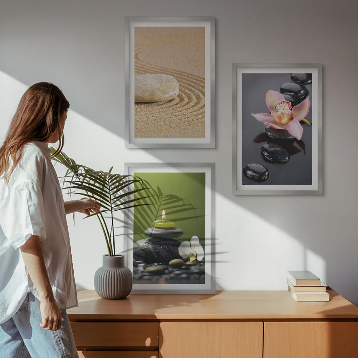 BILDER SET 3er Set - 40x60 cm Silberner Rahmen - Entspannende Zen-Steinmotive - Silberfarben, Kunststoff (40/60cm) - TULUP
