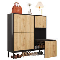 SCHUHSCHRANK mit 2 Schubladen und 2 Türen, strukturierte Paneele mit vergoldeten Akzenten, 100/25/100 cm, Schwarz und Holzfarbe - Naturfarben, Holzwerkstoff (100/25/100cm) - Redom