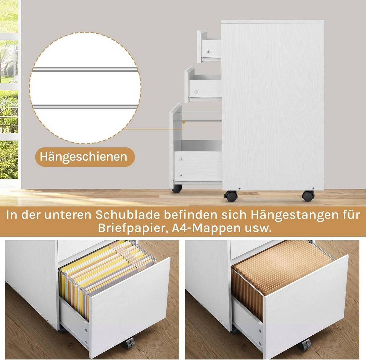 ROLLCONTAINER, Aktenschrank, 40x70x40 cm, Weiß+Schwarz - Weiß, Holzwerkstoff (40/70/40cm) - Woltu
