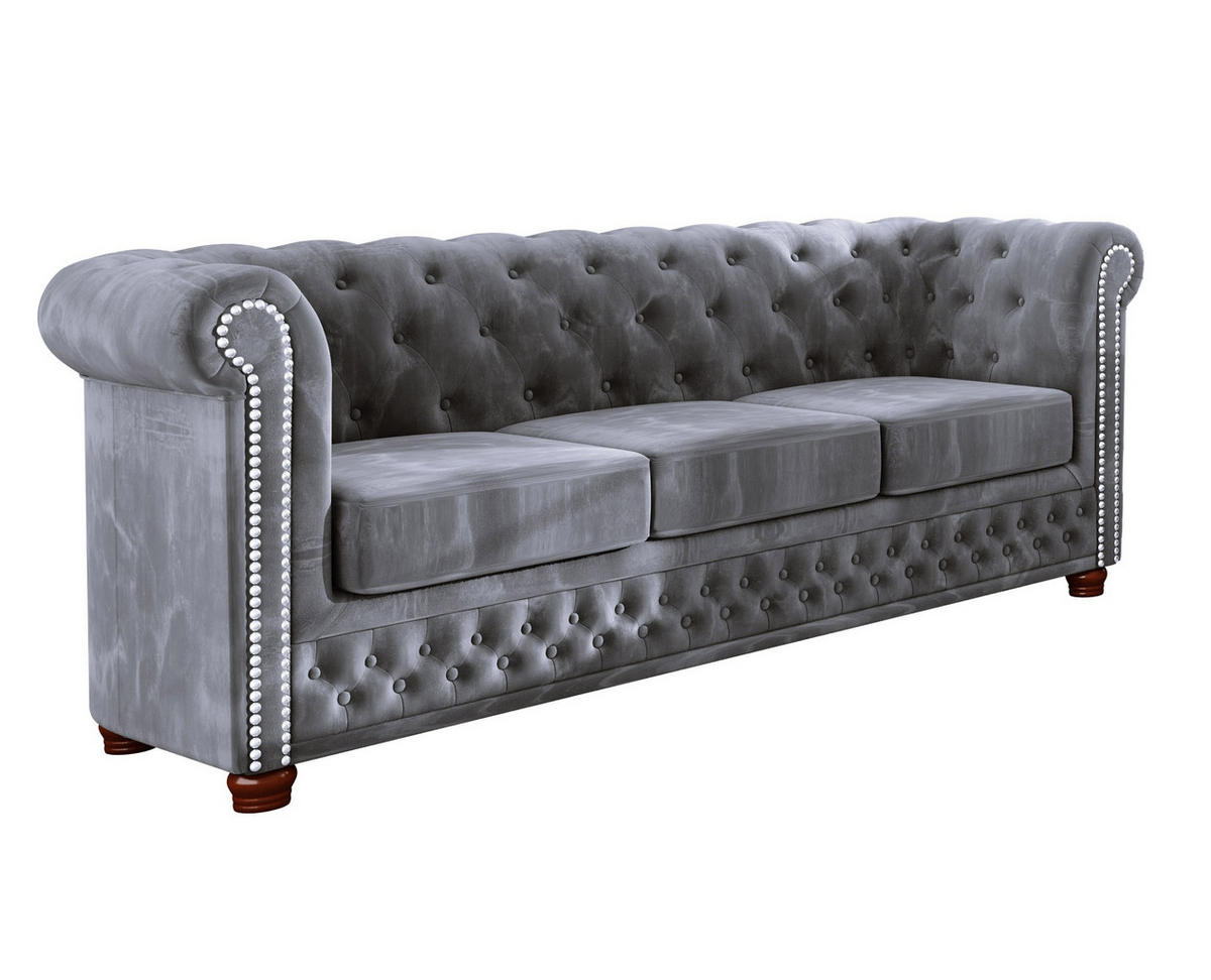 CHESTERFIELD-SOFA 3-sitzer Lauren Grau Samt - Braun/Grau, Holz/Textil (203/72/86cm) - S-Style Möbel
