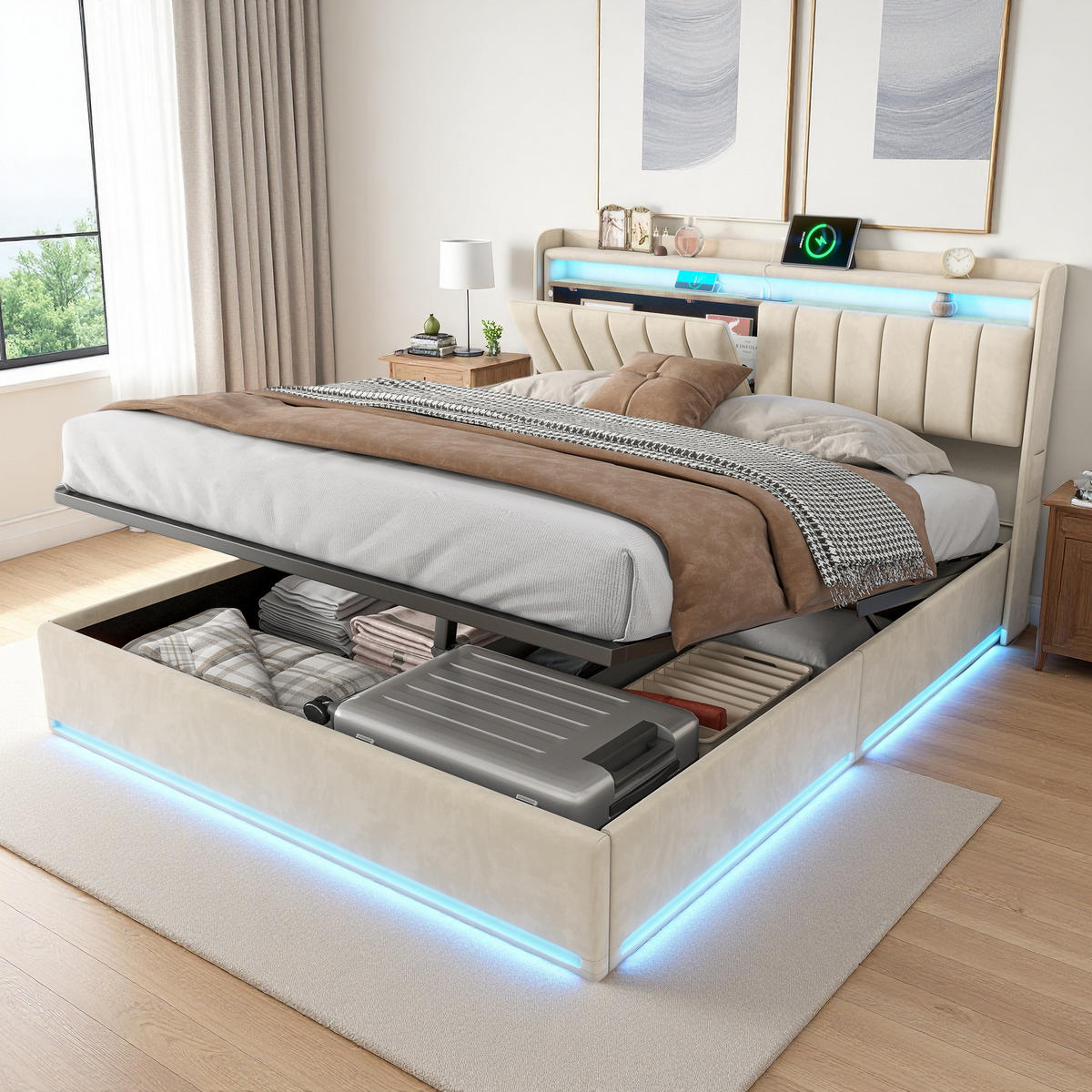 POLSTERBETT 140x200 cm LED Stauraum Lattenrost Kopfteil beige - Beige, Holz (140/200cm) - LEBENLANG