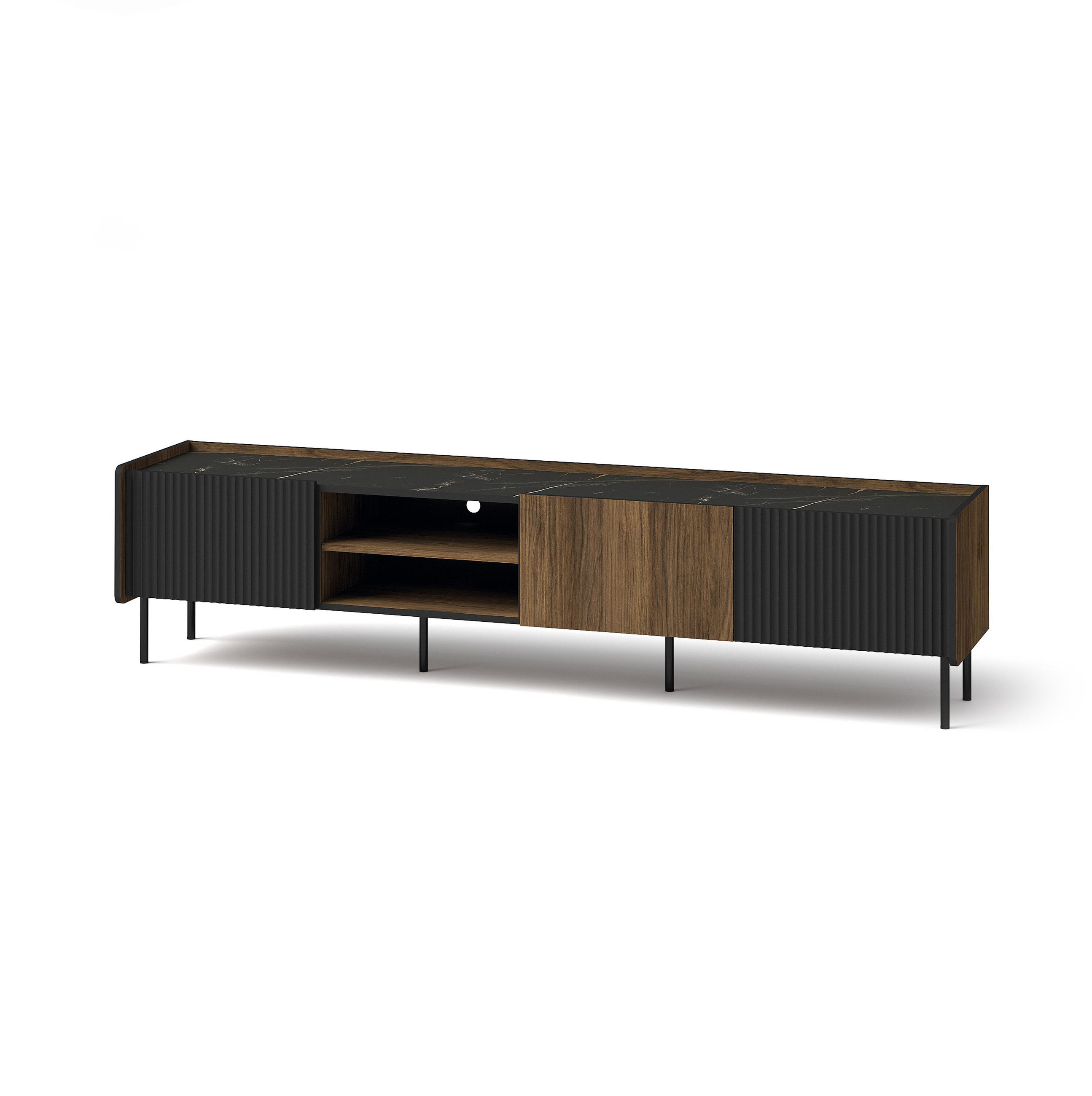 RTV-SCHRANK Prestigo Schwarz, Warmia Walnuss, Dreitüriger TV-Tisch - Walnussfarben/Schwarz, Holzwerkstoff (200/47/40cm) - Bettso