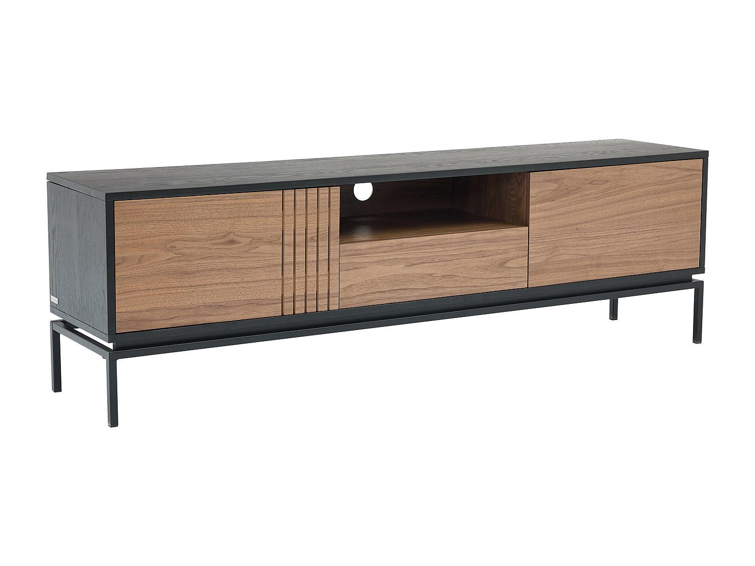 TV-MÖBEL mit 2 Türen, 1 Schublade & 1 Ablagefach - Nussbaumfurnier & Metall - Holzfarben dunkel & Schwarz - ZINORI - Schwarz, Metall (40/55/180cm) - Vente-Unique