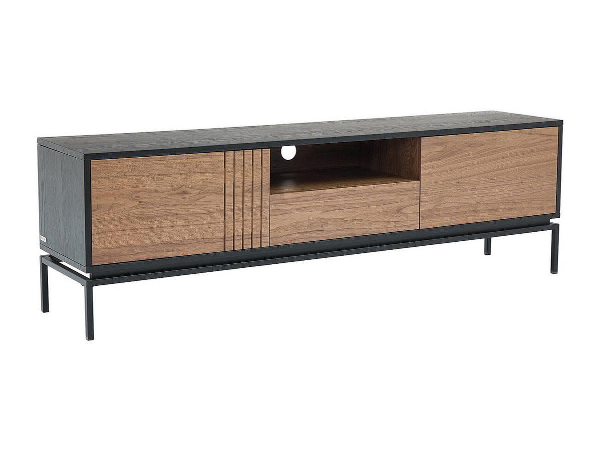 TV-MÖBEL mit 2 Türen, 1 Schublade & 1 Ablagefach - Nussbaumfurnier & Metall - Holzfarben dunkel & Schwarz - ZINORI - Schwarz, Metall (40/55/180cm) - Vente-Unique