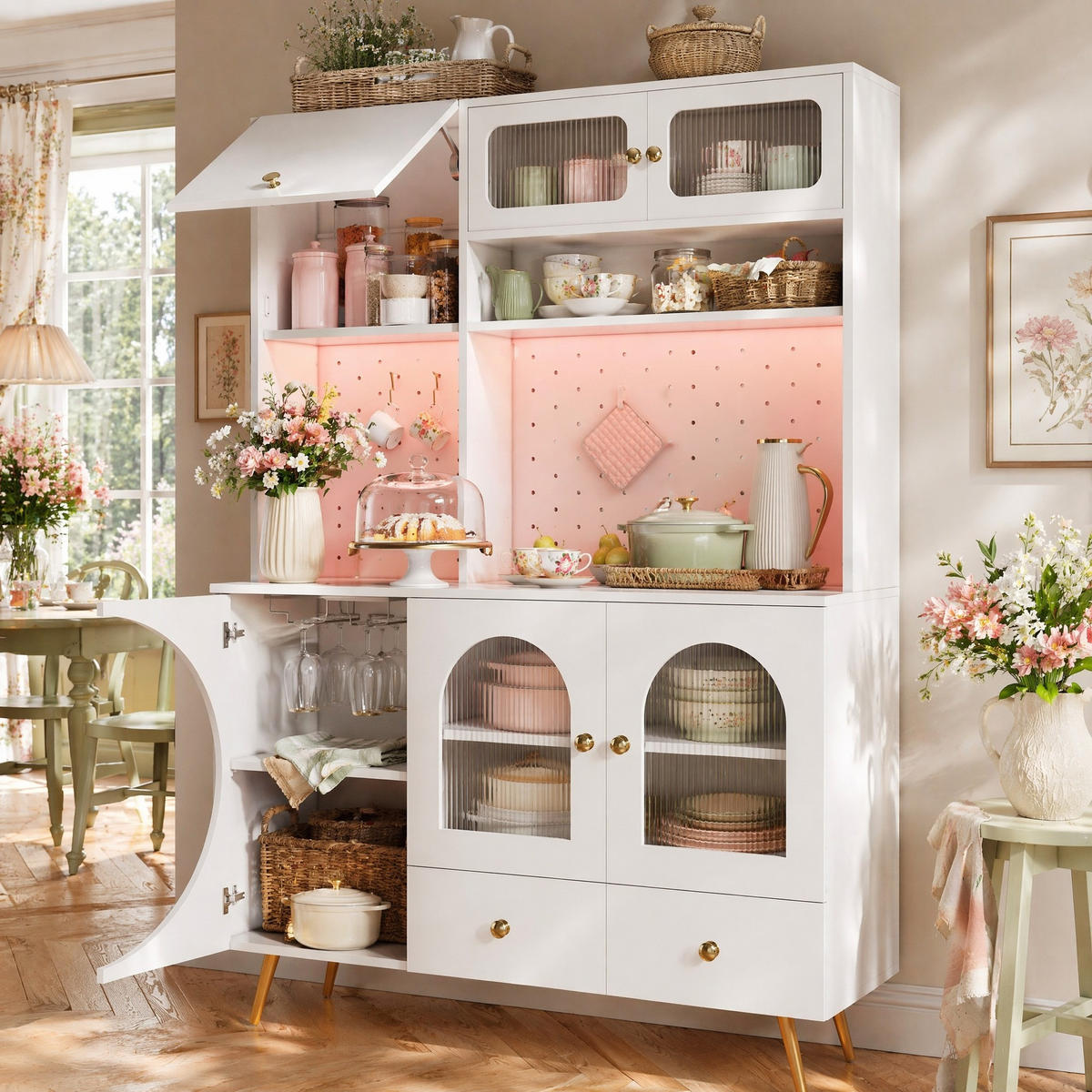 HIGHBOARD in Weiß Küchenschrank mit LED-Lichtleiste und Schubladen für Küche und Wohnzimmer, B120/T40/H176 cm - Goldfarben/Weiß, Glas/Holzwerkstoff (120/176/40cm) - STILVORA