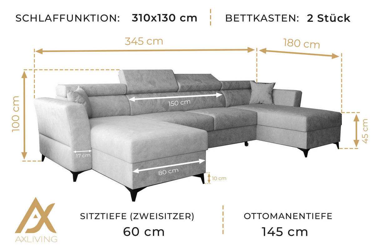 WOHNLANDSCHAFT Ribella Anthrazit 345/180/100 cm mit Schlaffunktion - Schwarz/Grau, Textil/Metall (345/100/180cm) - AX Living