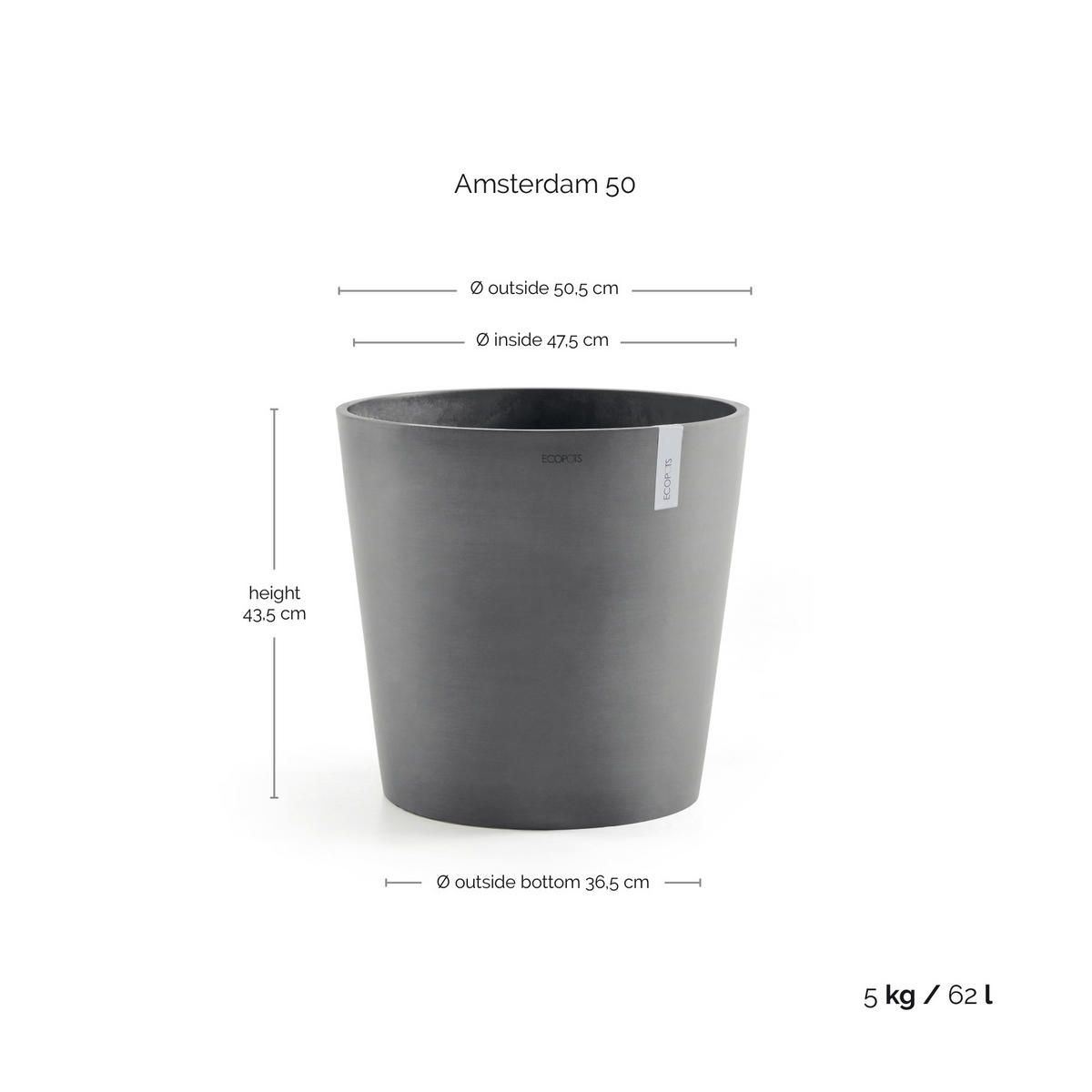 BLUMENTOPF Amsterdam 50,5/43,5 cm Grau - Grau, Kunststoff (50.5/43.5cm) - Ecopots