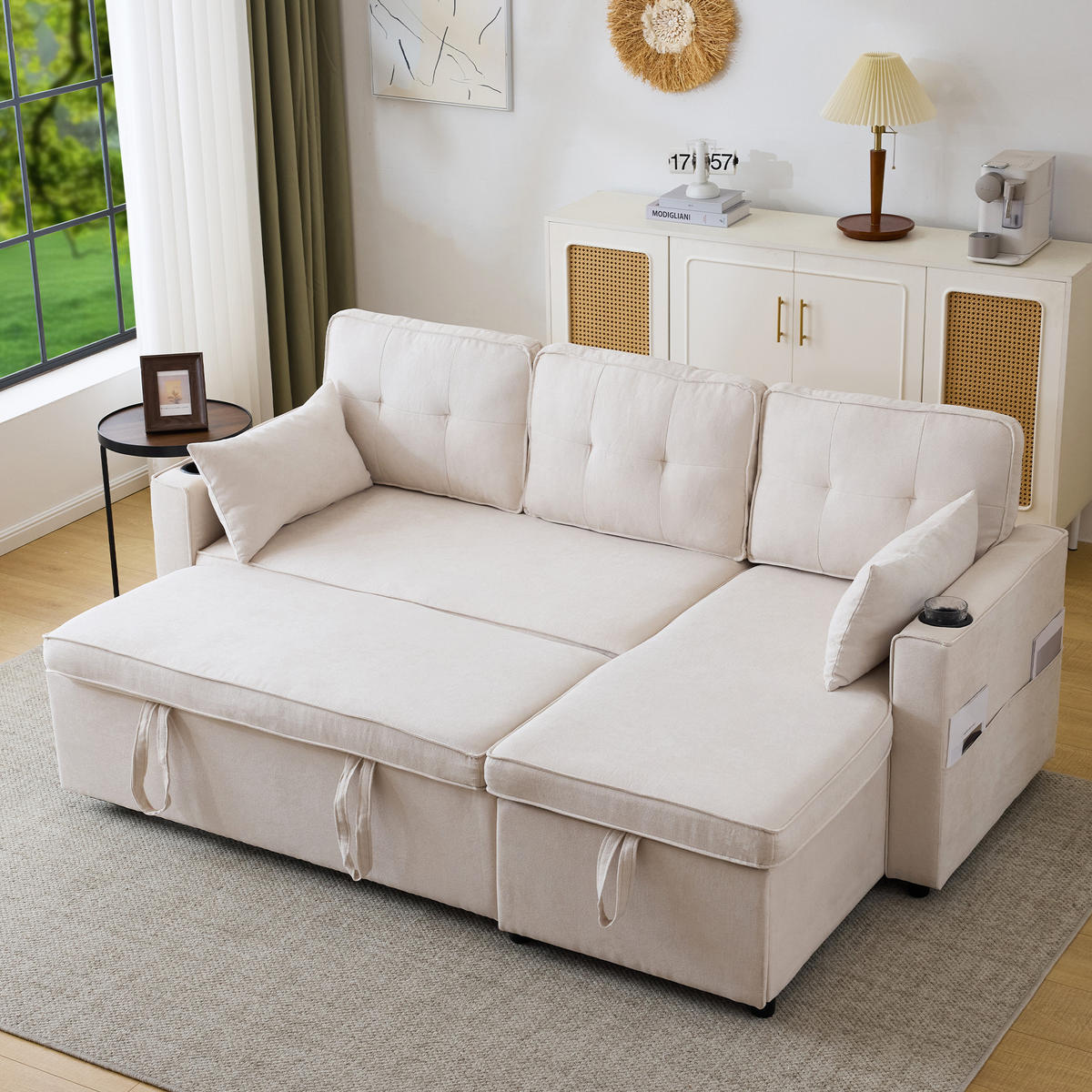 SCHLAFSOFA L-Form mit Stauraum und Getränkehalter - Beige, Textil (211/86/129.5cm)