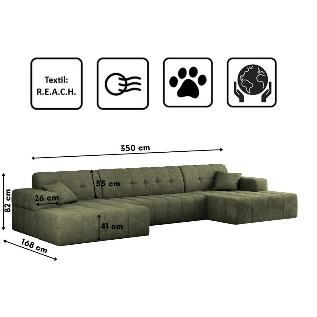 Thumbnail - Kaiser Möbel Ecksofa, Grün, Textil, 6-Sitzer, Füllung: Komfortschaum, U-Form, 350x168 cm, Wohnzimmer, Sofas & Couches, W...