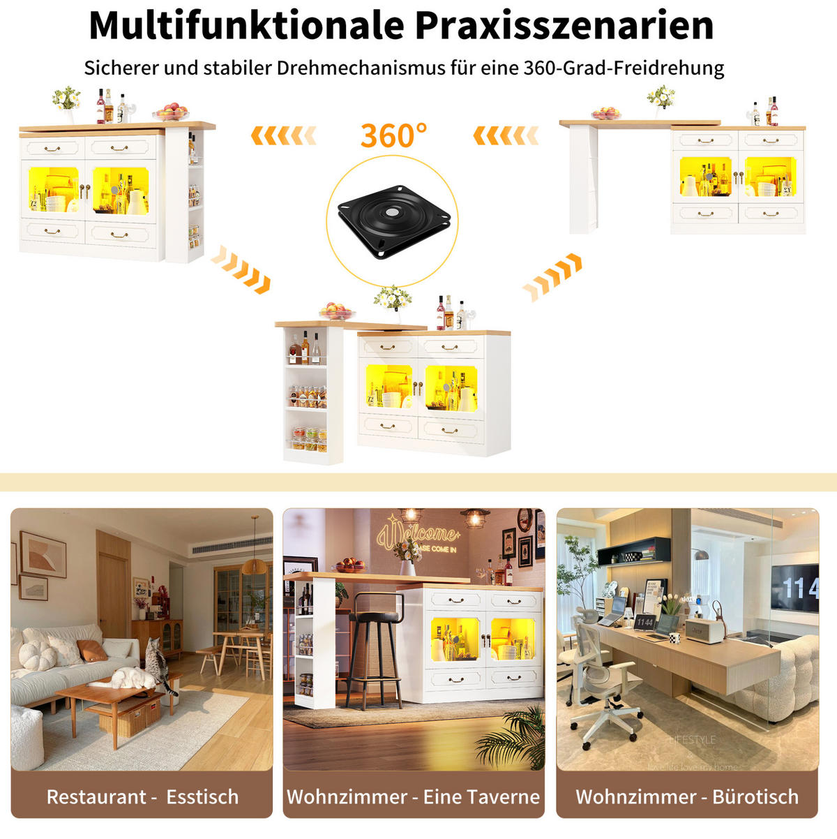 BARTISCH Ausziehbarer aus MDF mit 360° Drehplatte & LED, 135-203/39/92,8 cm, Weiß - Weiß, Holzwerkstoff (39/92.8/135cm) - Redom