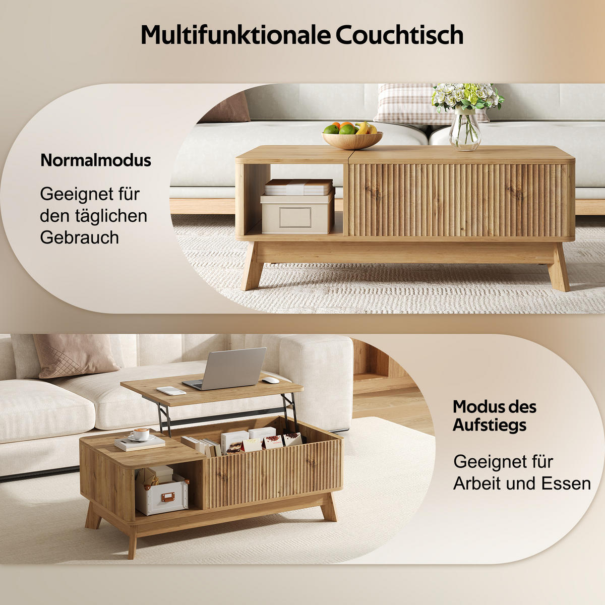 COUCHTISCH holzoptik & 3d-wellen-design mit lift-funktion & verstecktem stauraum - Naturfarben, Holzwerkstoff (48/95/50cm) - Urban Meuble