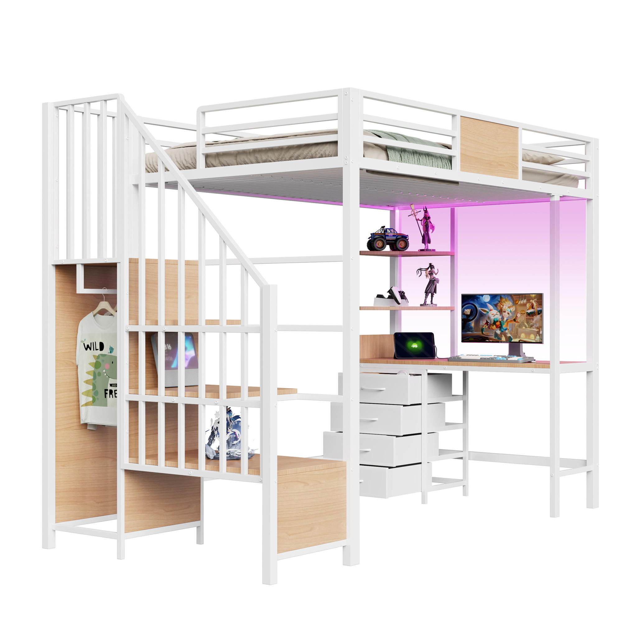 HOCHBETT 90/200 cm in Weiß mit Schreibtisch, Ablagefächern, Kleiderstange, LED und Steckdose aus Metall - Weiß, Holzwerkstoff/Metall (90/200cm) - CHICFURN