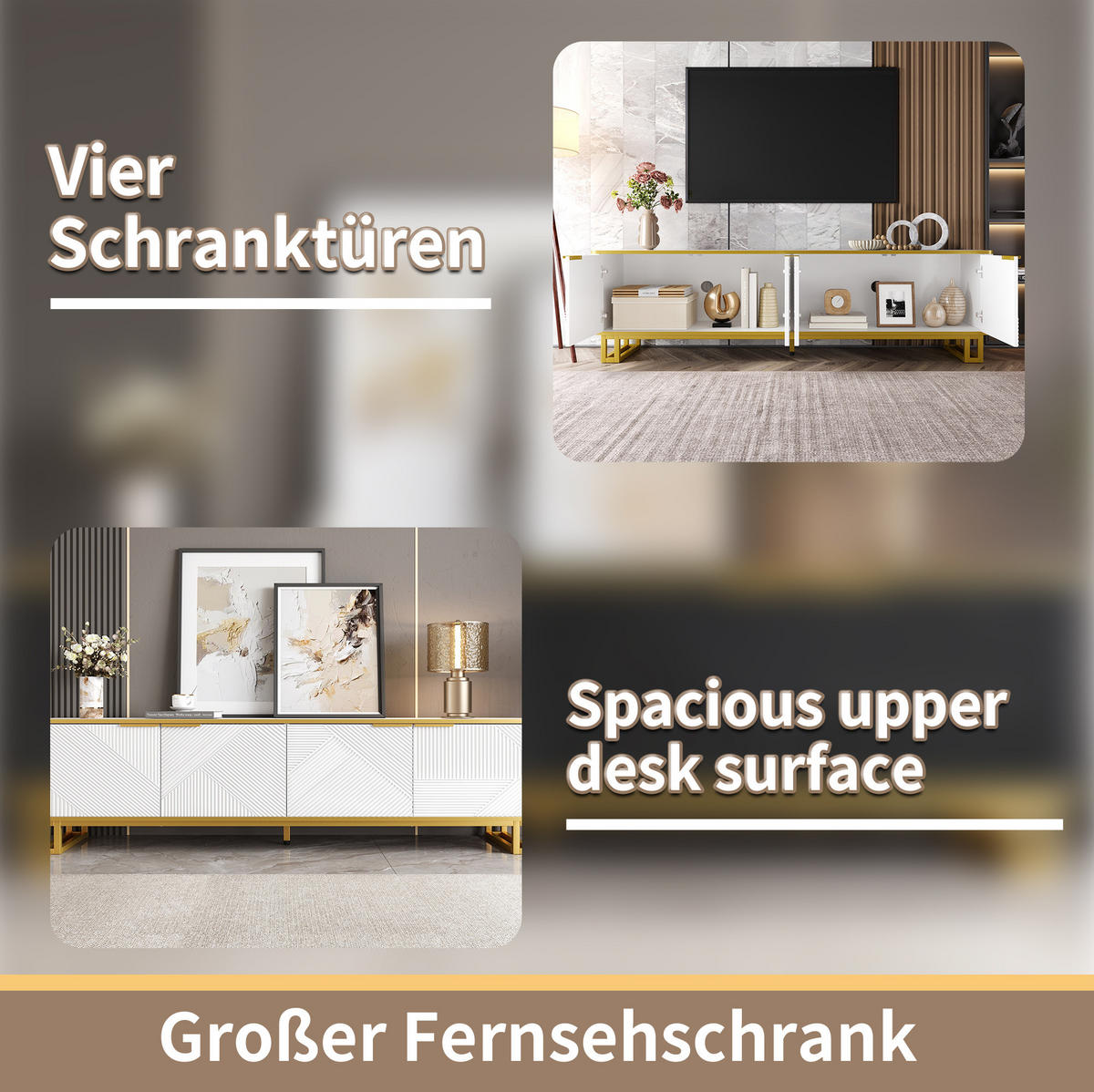 LOWBOARD in Weiß und Gold TV-Schrank mit vier Türen für Wohnzimmer, B160/T37.5/H48 cm - Goldfarben/Weiß, Holzwerkstoff/Metall (160/48/37.5cm) - STILVORA