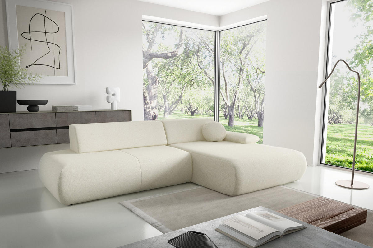 ECKSOFA DELTA R-S Creme Geflochtener Stoff mit Schlaffunktion - Creme, Holz (286/173.5cm) - MASSENO