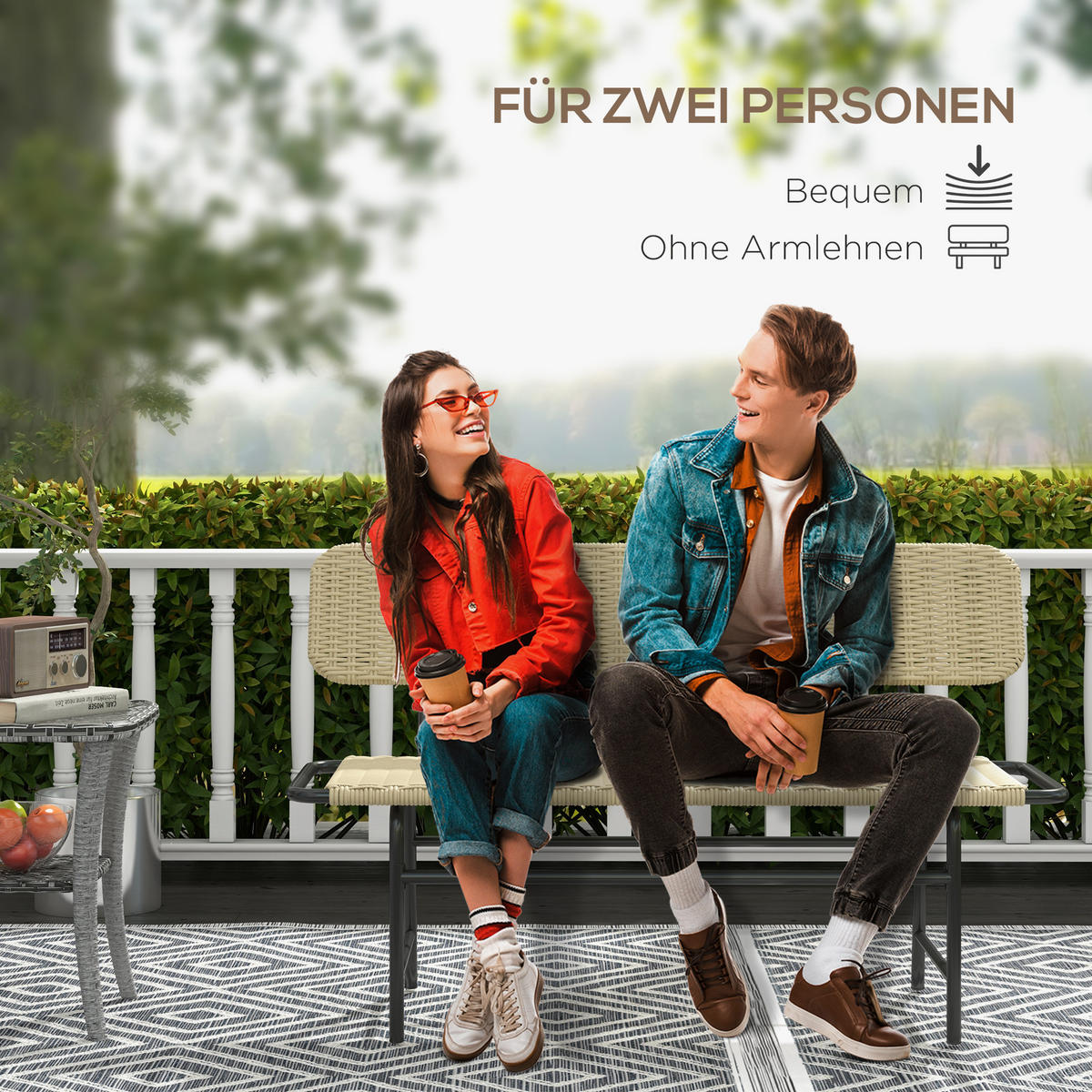 POLYRATTAN Sitzbank bis 250 kg belastbar, für Balkon, Terrasse, Metall, Khaki - Braun, Kunststoff (66/80/132cm) - Outsunny