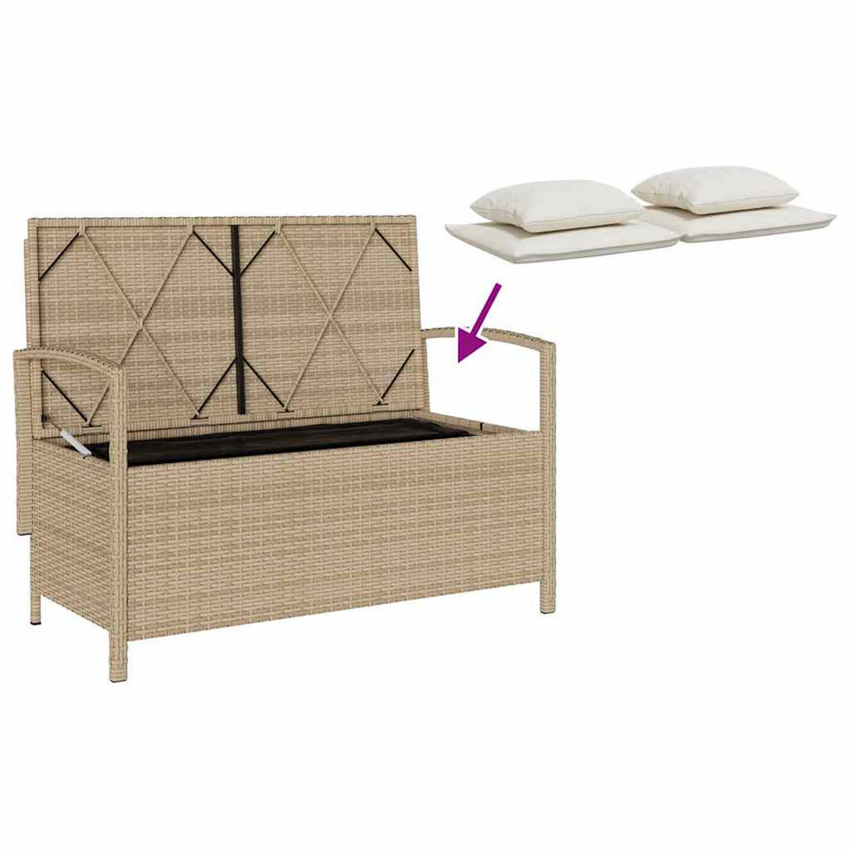GARTENBANK mit Stauraum und Creme Kissen, 111/56/87 cm, aus Poly Rattan, Beige - Beige, Kunststoff (56/87/111cm) - vidaXL