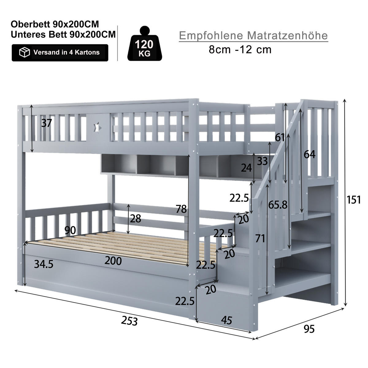 ETAGENBETTEN 90 x 200 cm, Holz,hydraulische Basis, Grau - Grau, Holz (90/200cm) - KOMHTOM
