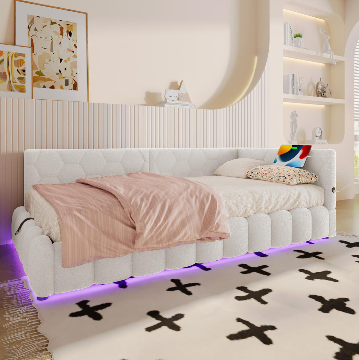 POLSTERBETT 90/200 cm mit LED-Beleuchtung und USB-Anschluss Vliesimitat Weiß - Weiß, Textil (90/200cm) - OKWISH