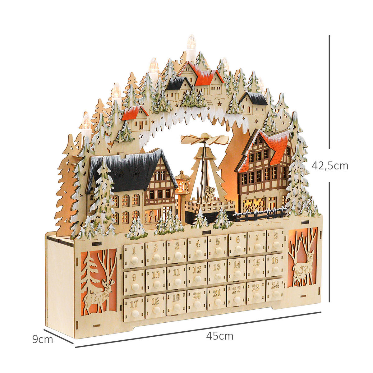 ADVENTSKALENDER Weihnachtskalender 24 Schubladen mit LED-Lichtern MDF Naturholz - Naturfarben, Kunststoff (9/42.5/45cm) - HOMCOM