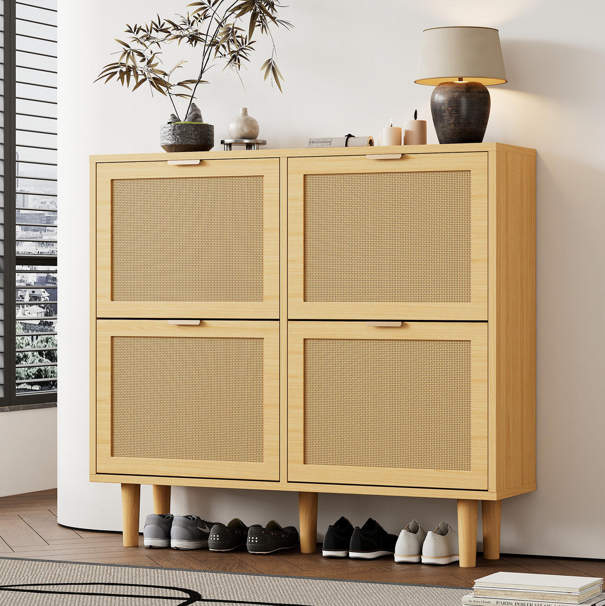 SCHUHSCHRANK 100/25/90 cm eichefarben aus Spanplatte mit Rattanfronten und 4 Klappen - Naturfarben, Holzwerkstoff (100/90/25cm) - OKWISH
