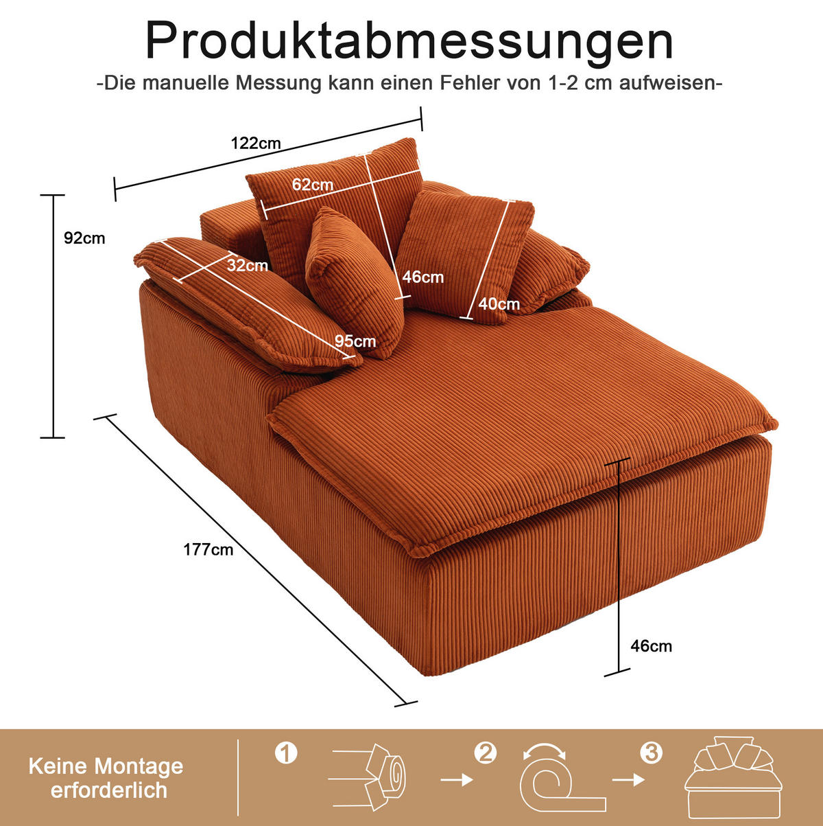 RECLINER Sofa Cord ergonomisch und ohne Montage 177/122/92 cm Orange - Orange, Textil (122/92/177cm) - Redom