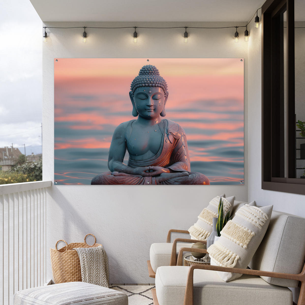 ZAHRADNÍ PLAKÁT Buddha - Socha - Buddha - Voda - Umění - Buddha 180x120 cm - šedohnědá, plast (180/120/0.2cm) - OnlyWow