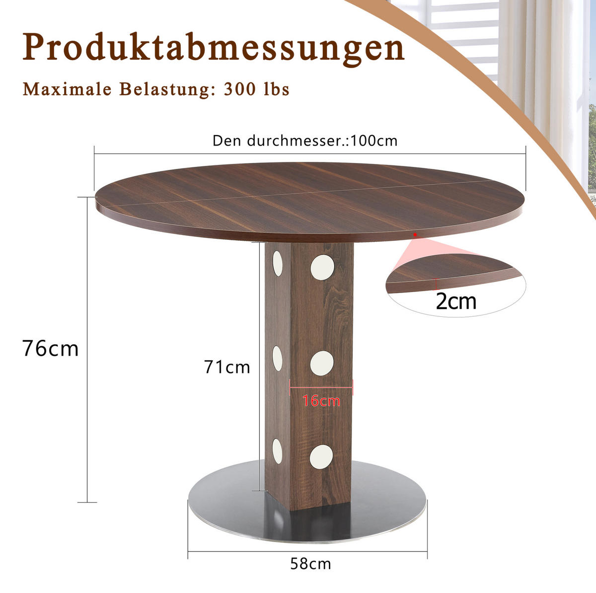 ESSTISCH aus MDF und Metall 100x100x76 cm Walnussfarben rund, pflegeleicht und vielseitig - Walnussfarben, Holzwerkstoff (100/100/76cm) - Modfu