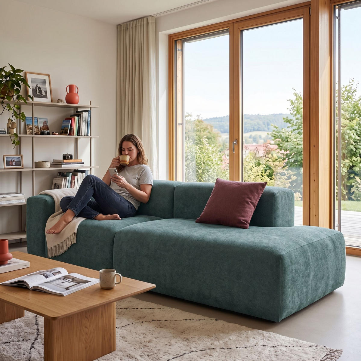 3-SITZER modulares Sofa HEAVEN SET 1 Rechts, Breite 255 cm Webstoff Dunkelgrün - Dunkelgrün/Schwarz, Holz/Kunststoff (102/71/255cm) - Muffo