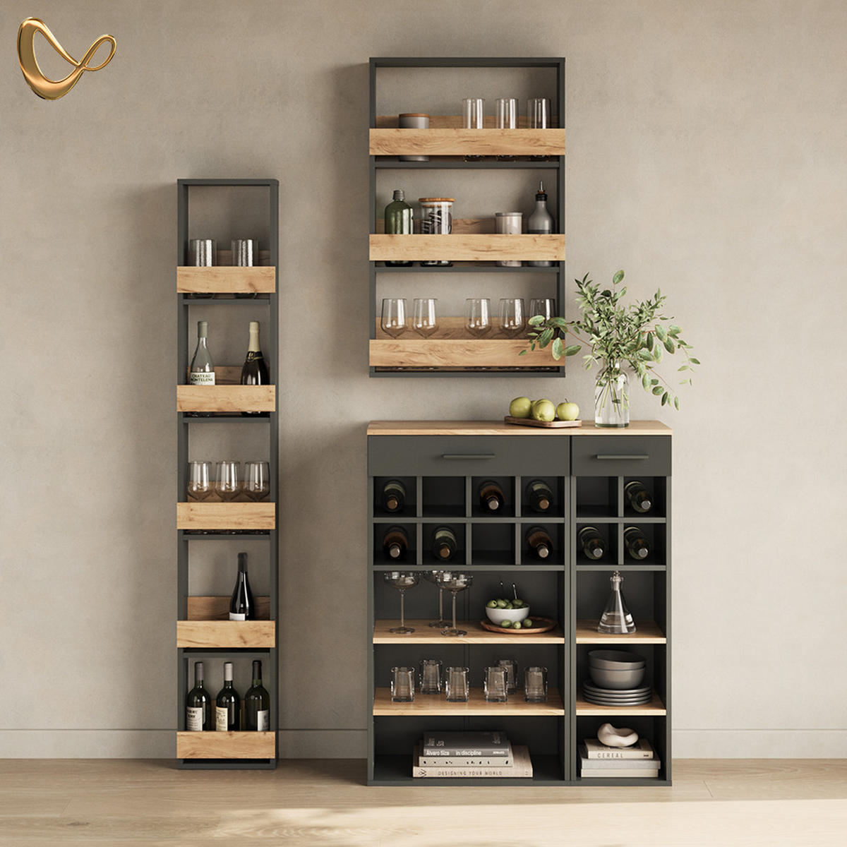 WEINREGAL Regusa Goldkraft Eiche/Anthrazit 30 x 106 cm - Honigeiche/Anthrazit, Holzwerkstoff (30/106/34.5cm) - Livinity®