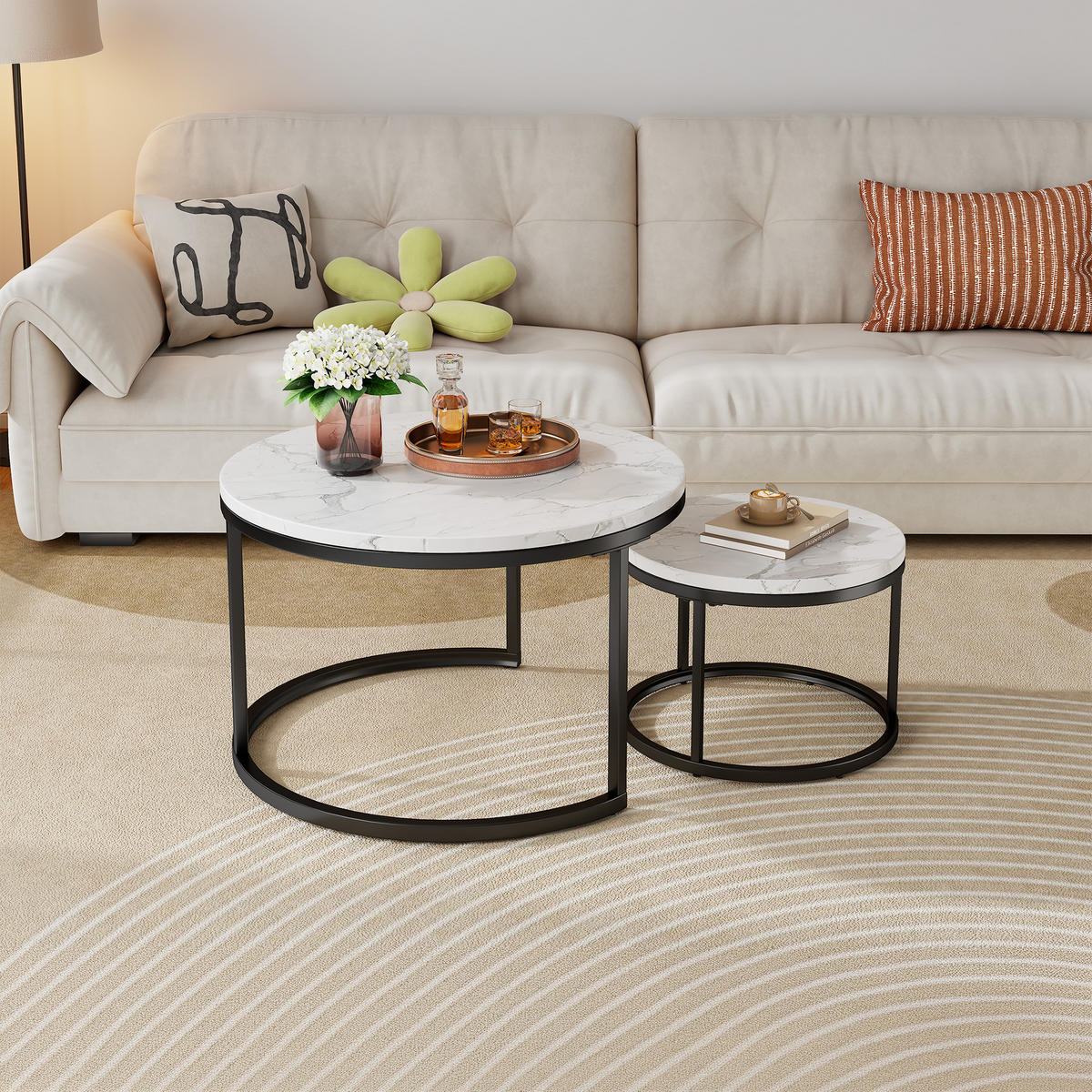 COUCHTISCH 2-tlg stapelbarer Kaffeetisch Nestingtische,Beistelltisch Wohnzimmertisch mit Metallgestell für Wohnzimmer - Schwarz/Weiß, Holzwerkstoff/Metall (70/70/45cm) - EVRYAE