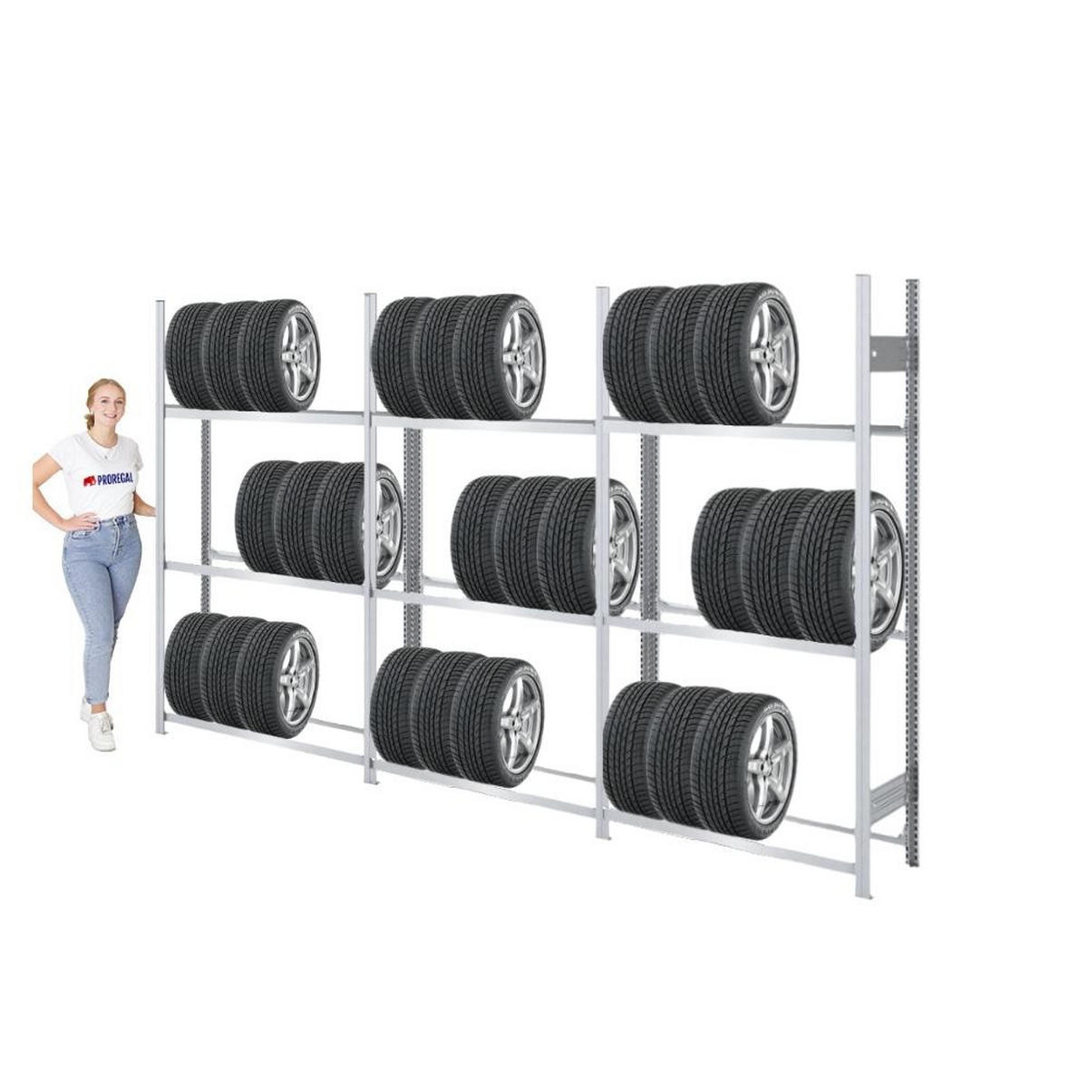 REIFENREGAL TIRE PRO 3er-Set für insgesamt 36 Reifen 3 Ebenen 150kg Fachlast pro Ebene Verzinkt - Silberfarben, Metall (300/200/43cm) - PROREGAL