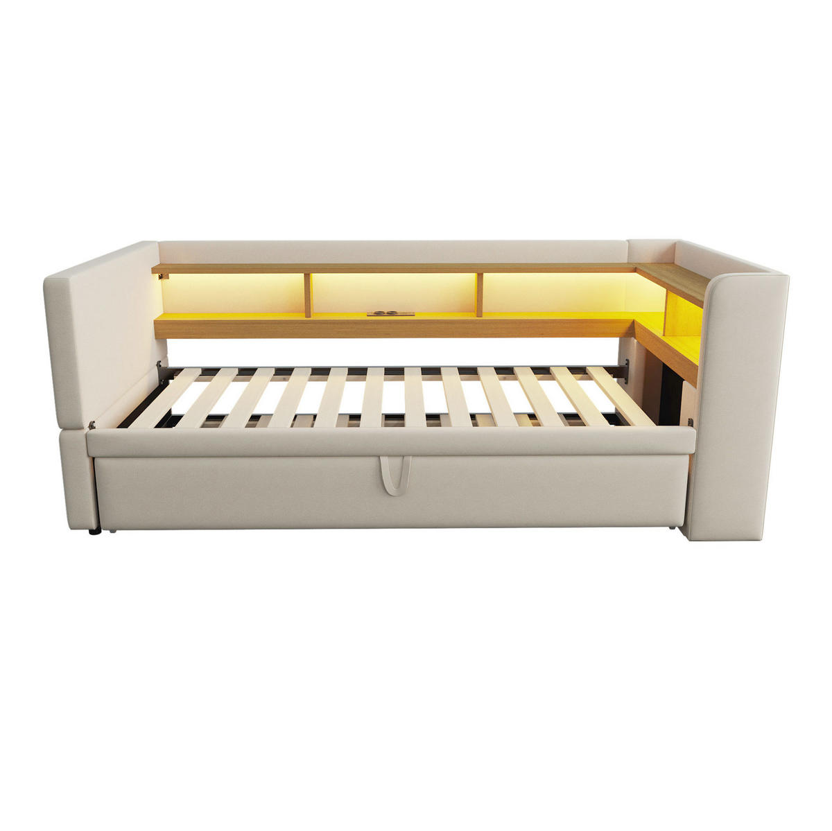 POLSTERBETT 90/180×190 cm Beige mit LED-Beleuchtung und Ablagefächern - Beige, Textil (90/190cm) - Flora Grace