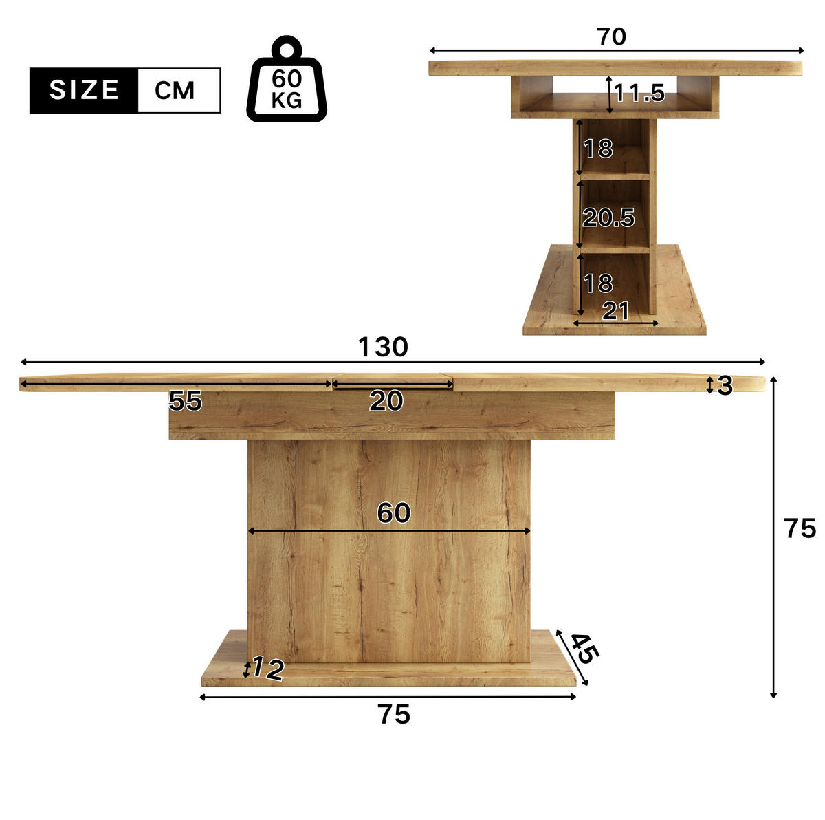 ESSTISCH 130/70/75 cm natur aus Spanplatte mit ausziehbarer Tischplatte und Stauraum - Naturfarben, Holzwerkstoff (130/70/75cm) - OKWISH