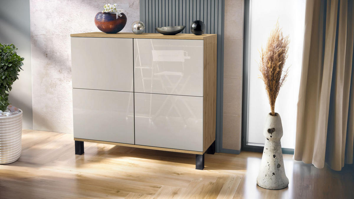 KOMMODE Rova Sandgrau Hochglanz - Sandfarben, Holzwerkstoff (92.5/84.5/35cm) - Vladon