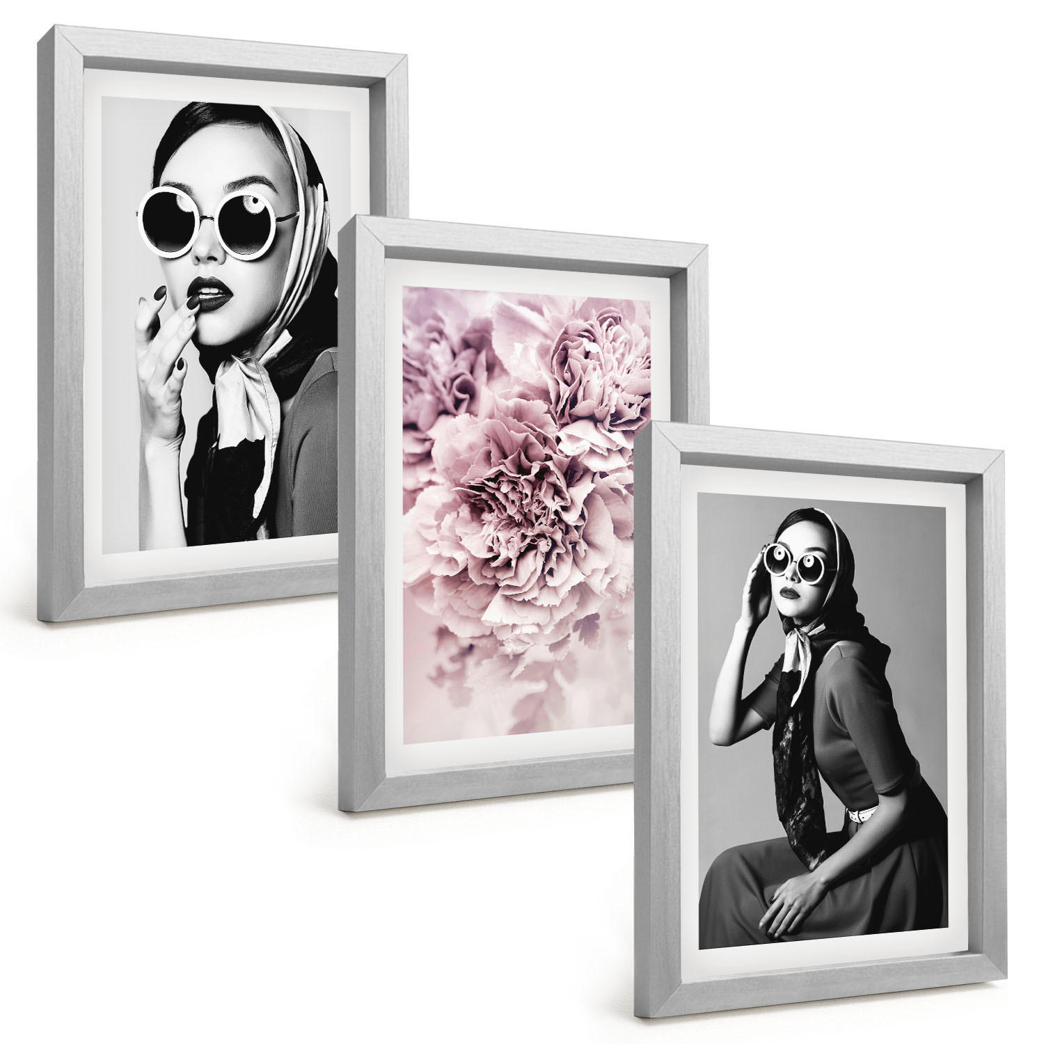 BILDER SET 3er Set - 20x30 cm Silberner Rahmen - Stilvolle Porträts von Frauen mit Blumen - Silberfarben, Kunststoff (20/30cm) - TULUP
