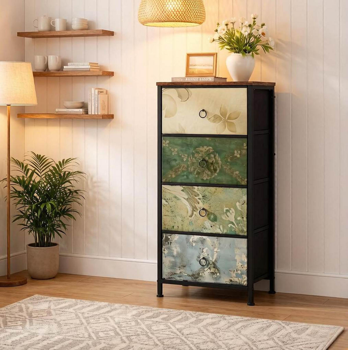 KOMMODE mit 4 Stoffschubladen in Braun 30x45,5x95,5 cm mit Blumenmotiv - Multicolor, Textil (45.5/95.5/30cm) - IVMEU