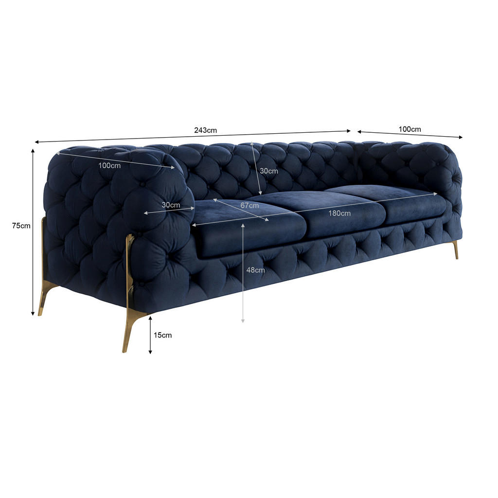 Thumbnail - S-Style Möbel Chesterfield-Sofa, Dunkelblau, Textil, Echtholz,Buche, Birke, 3-Sitzer, Füllung: Polyetherschaumkern, 243x...