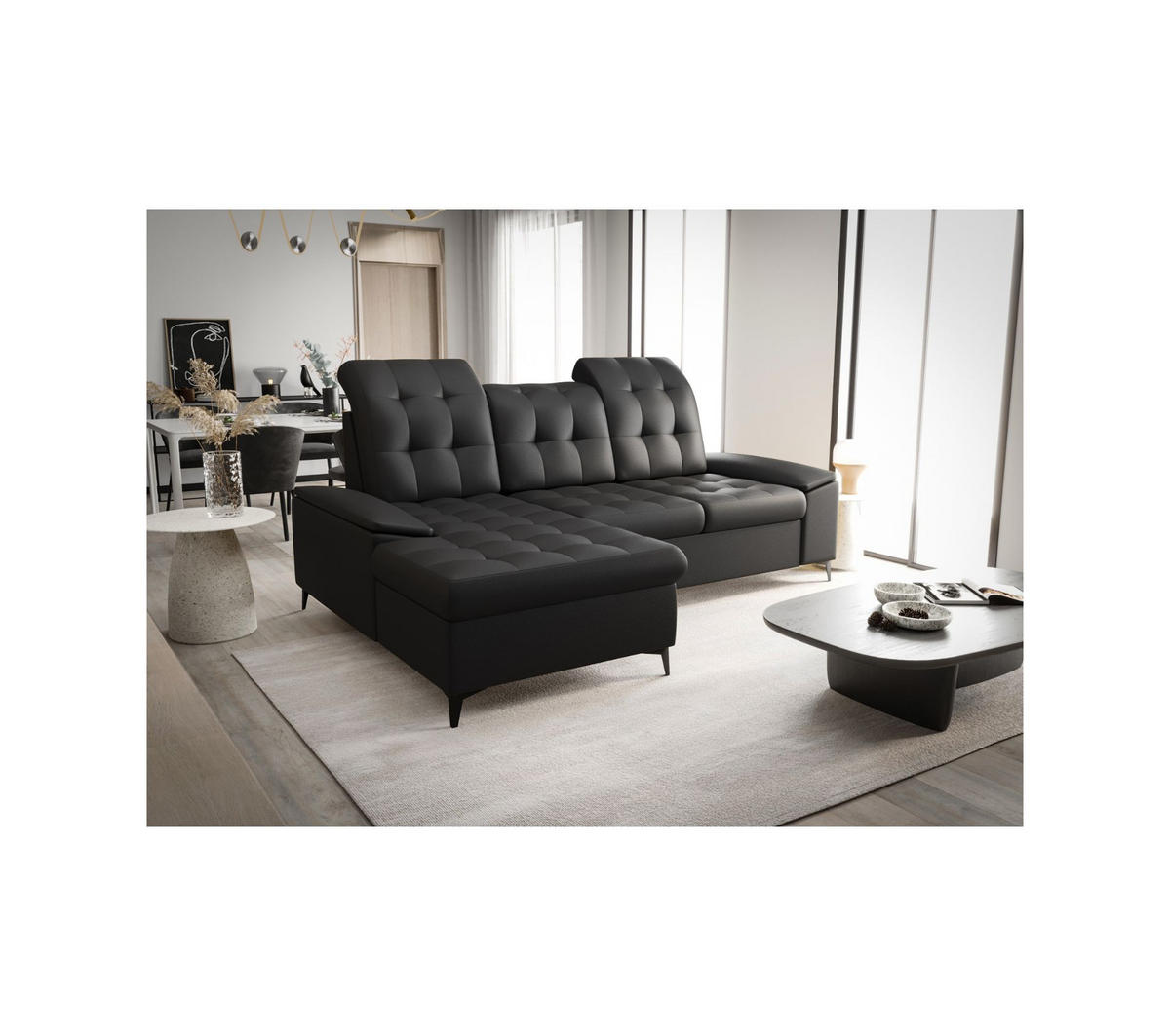ECKSOFA KONGO RBN18, Eckcouch in L-Form mit Schlaffunktion, Farbe: Schwarz, Kunstleder, Ottomane Links - Schwarz, Textil (257/172cm) - O-Sofa