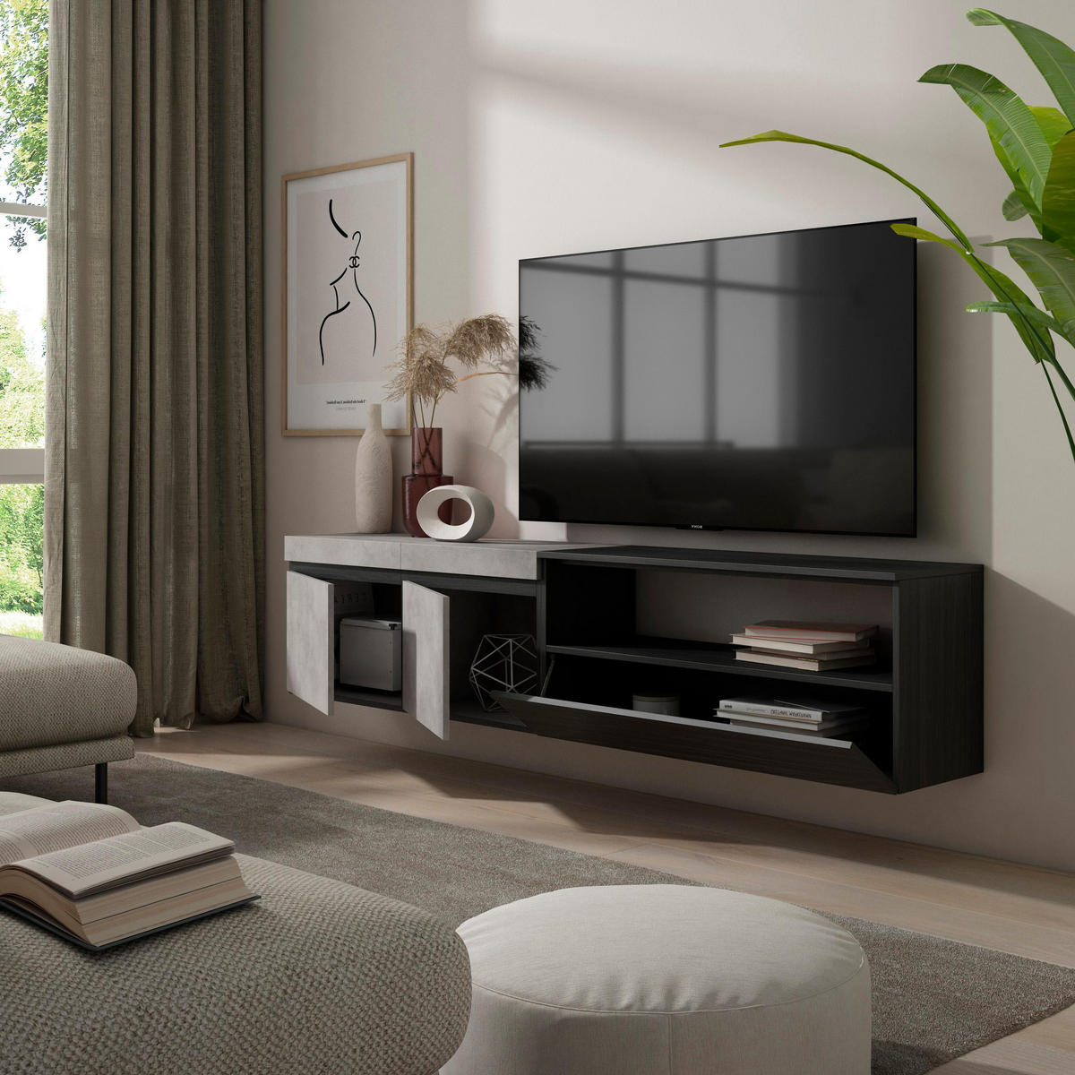 LOWBOARD Hängend, zementgrau, 200/35/45cm - Hellgrau, Holzwerkstoff (200/45/35cm) - Skraut Home