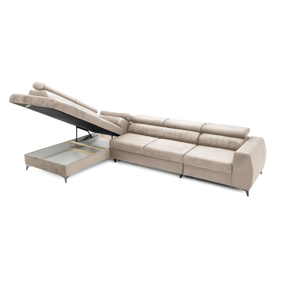 ECKSOFA PIERO MAXI Links mit Schlaffunktion 195x125 Velours Beige - Beige/Schwarz, Holz/Textil (350/203cm) - Muffo