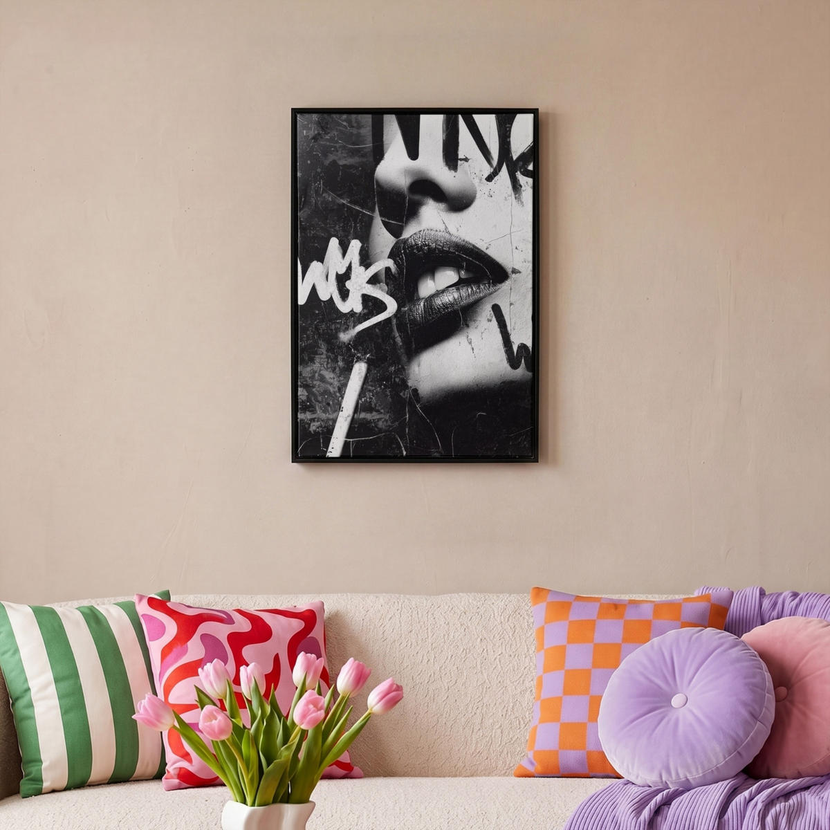 LEINWAND Bilder mit Rahmen - Gesicht - Mund - Graffiti - Schwarz - 40x60 - Schwarz, Textil (40/60cm) - MuchoWow