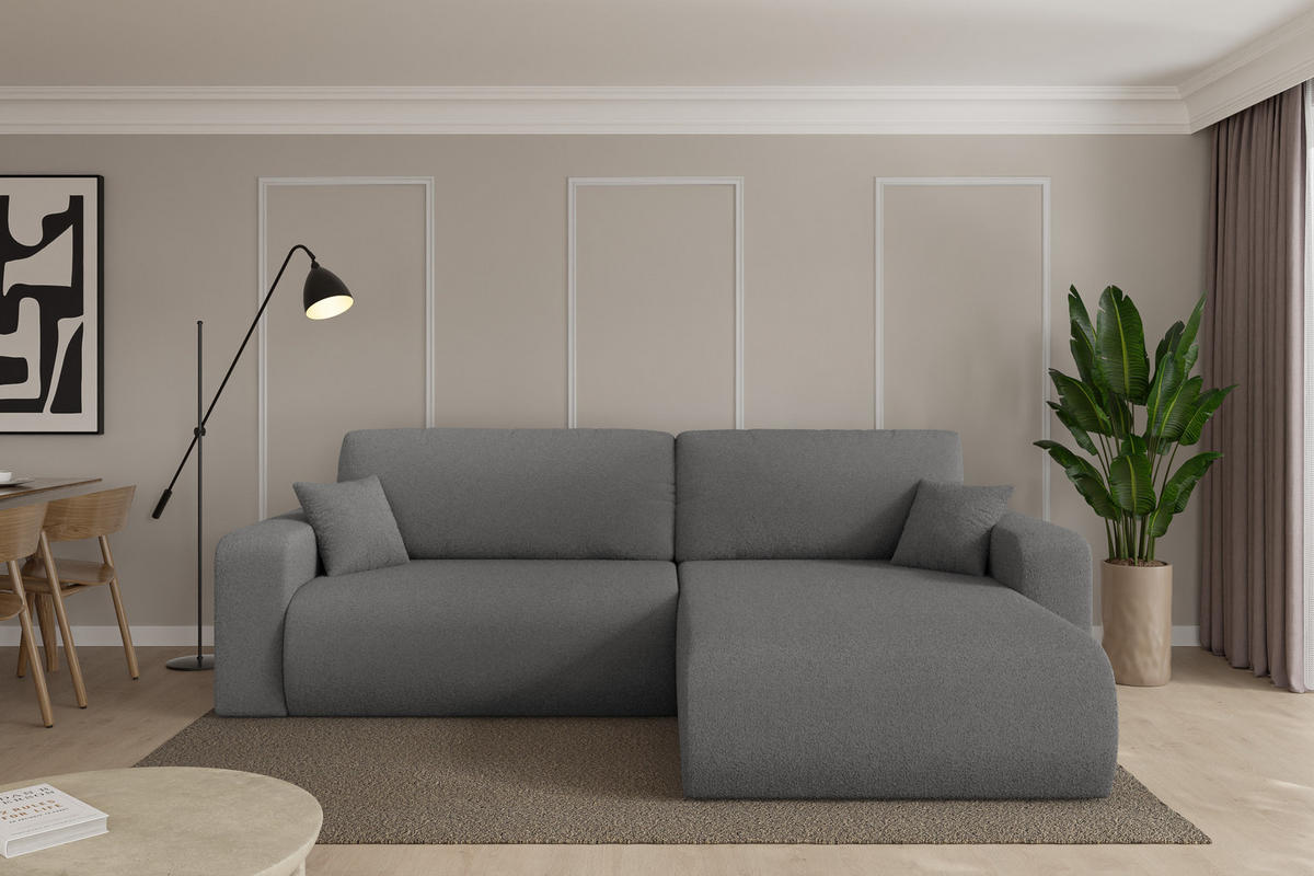 ROHOVÁ SEDAČKA s funkcí spaní, otoman vpravo BERY-L 276x193x88 šedá bouclé - šedá/černá, kompozitní dřevo/textil (276/193cm) - ALTDECOR