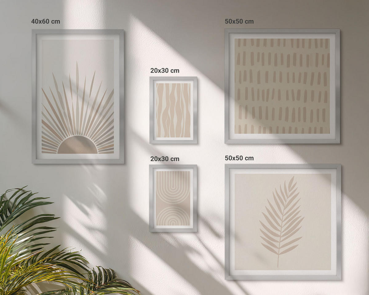 WANDBILDER 5er Set - 50x50 cm & 20x30 cm & 40x60 cm Silberner Rahmen - Beige Pflanzenmuster - Silberfarben, Kunststoff (40/60cm) - ArtPrintCave